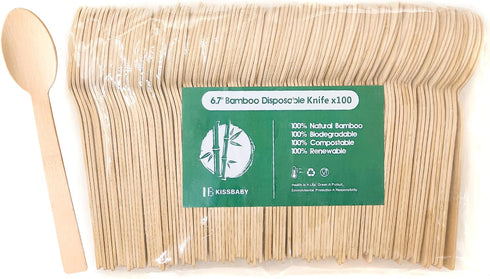 100% Bamboo Utensils -100 PK 6.7" Bamboo Spoons Disposable Cutlery Set Compostable Biodegradable Eco Friendly Renewable Flatware Spoon...