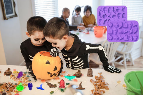 2 Pack Halloween Chocolate Mold, 3D Silicone Candy Molds Halloween Baking Mold Skull Pumpkin Spider Bat Witch Hat Gummy Fondant Mold for Candy Coo...