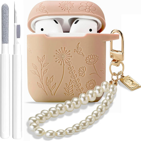 Flower Engraved Case for Airpods 2nd Generation Case Cover with Cleaner Kit, Stylish Silicone Skin Protective Case with Luxury Pearl Keychain for ...