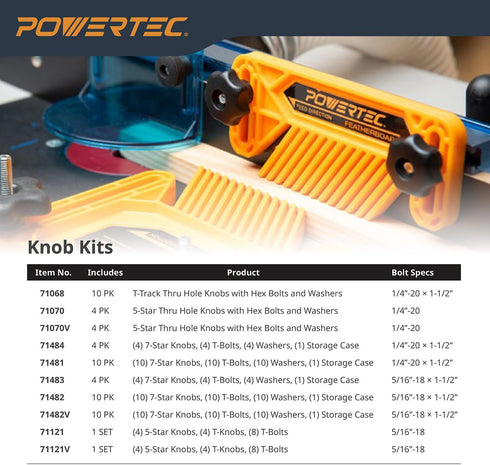 POWERTEC 71121V T Track Knob Kit w/Threaded Knobs and 5/16”-18 T Track Bolts, 16 Piece Set, T Track Accessories for Woodworking Jigs and Fixtures...