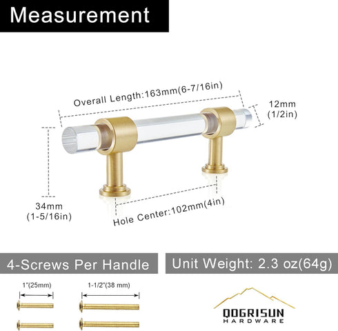 QOGRISUN 2-Pack Acrylic Cabinet Pulls with Brass Base, Gold Modern Drawer Handles, 4-inch Hole Center for Kitchen, Dresser Drawer Clear Glass Crys...
