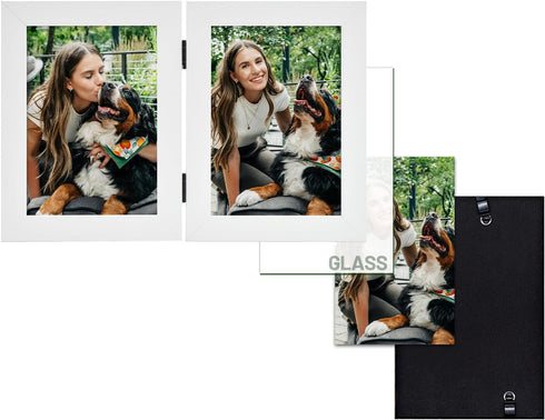Frametory, 4x6 Double Picture Frame - Real Glass Hinged 2 Photos Collage, Desktop Picture Frame Standing Vertical (Blue, 1 Pack)...