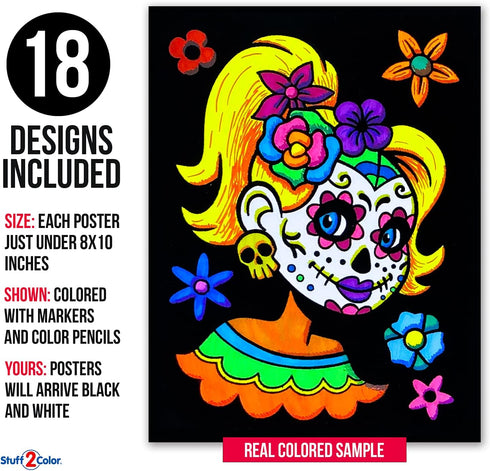Super Pack of 18 Fuzzy Velvet Coloring Posters (Kids Themed - Day of the Dead) - Halloween and Dia de Los Muertos Coloring Crafts Activity for Tod...