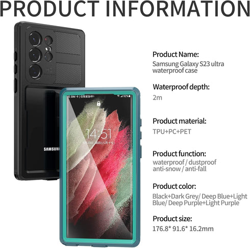 Waterproof Samsung Galaxy S23 Ultra Case with Built-in Screen Protector, Heavy Duty Full Body Protection, Shockproof Clear Blue Cover...