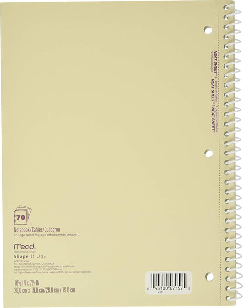 Mead Spiral Notebooks, 1 Subject, College Ruled Paper, 70 Sheets, 10-1/2" x 7-1/2", Shape It Up, Design May Vary, 3 Pack (38191)...