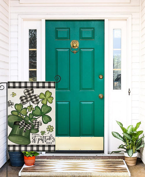 Happy St Patricks Day Garden Flags for Outside Decoration, Buffalo Plaid with lucky Shamrock Hat Small Yard Flag, Seasonal Irish Celebration Farmh...