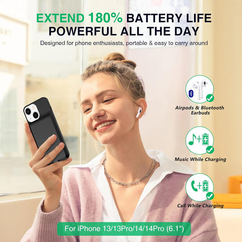 GIN FOXI Fast Charging Battery Case for iPhone 13/13 Pro/14/14 Pro, 15W Wireless Charger Slim Travel 7000mAh Power Bank Anti-Slip TPU Extra Pack f...