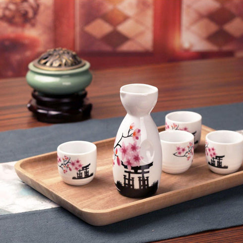 Tosnail 5 Pieces Ceramic Japanese Sake Set, 1 Serving Carafe and 4 Cups - Pink Sakura...