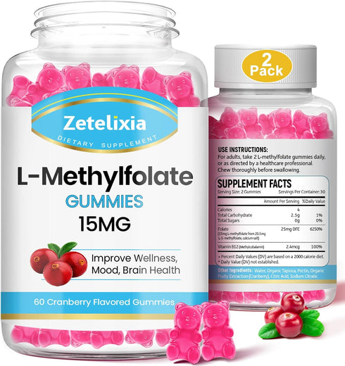 2 Pack L-Methylfolate 15mg Gummies, Folate & Vitamin B12 Supplement for Adult, Active Folic Acid Supplement for Brain & Mood Support, Non-GMO, Veg...