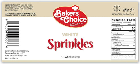Bakers Choice White Sprinkles for Baking - Jimmies Sprinkles for Ice Cream Toppings - Dairy Free, Kosher 2.8 oz....