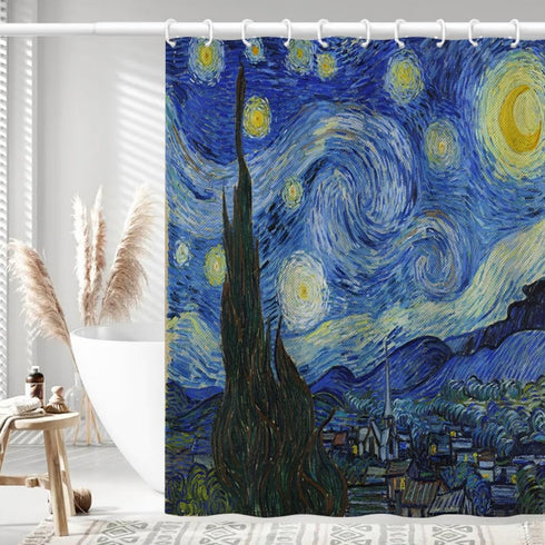 IcosaMro Starry Night Shower Curtain for Bathroom with Hooks, V. Gogh Stars Art Decorative Long Cloth Fabric Shower Curtain Bath Decorations - 71W...