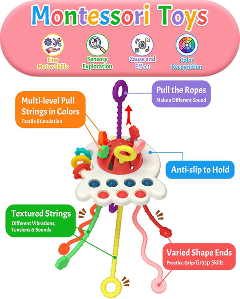Baby Sensory Montessori Toy for 6-12-18 Months, Pull String Silicone Teething Toy, Birthday Gift Travel Toy for 1 2 Year Old Boy Girl Infant Toddl...