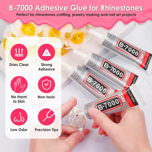 B7000 Glue Clear for Rhinestones, 4 Pcs 25mL B-7000 Jewelry Bead Gem Glue with Flatback Clear Rhinestones, Tweezer Dotting Rhinestone Tool for Clo...