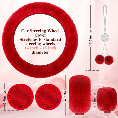 6 Pieces Fluffy Car Accessories Set Fluffy Steering Wheel Cover Soft Fuzz Handbrake Cover Gear Shift Cover Bling Car Mirror Fuzz Car Decoration 2 ...