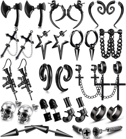 16 Pairs Stainless Steel Punk Y2K Black Dangle Earrings for Men, Axe Skull Screw Cone etc Huggie Hoop Long Chain Piercing Hoop Earrings Set for Un...