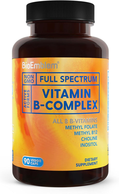 BioEmblem Vitamin B-Complex - All 8 Active Forms with Methyl Folate, Methyl B12, B6, Biotin Plus Choline Inositol, Supports Energy, Metabolism, Br...