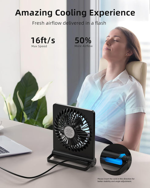 Koonie USB Fan, Strong Wind Ultra Quiet Small Desk Fan 220° Tilt Folding 3 Speeds Adjustable USB-C Corded Powered Personal Fan for Home Office Des...