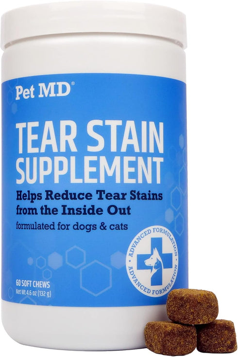 Pet MD Tear Stain Remover for Dogs & Cats - Antioxidant Eye Care Supplement with Lutein, Cranberry, & Omega 3 & 6 - Cat & Dog Tear Stain Remover C...