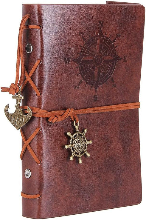 EvZ Leather Writing Journal Notebook, 7 Inches Vintage Nautical Spiral Blank String Diary Notepad Sketchbook Travel to Write in, Unlined Paper, Re...