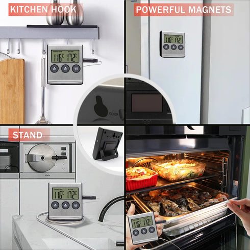 Kitchen Instant Read Meat Thermometer, Digital Candy Cooking Smoker Oven Thermometer, BBQ Timer Clock Grill with Stainless Steel Food Probe, Silve...