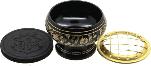 Govinda - Small Decorated Brass Charcoal Screen Incense Burner with Wooden Coaster...
