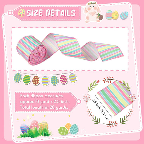 2 Rolls 20 Yards Spring Pastel Wired Edge Ribbon Easter Canvas Ribbon Horizontal Stripe Wired Ribbon Decorative Ribbon Easter Craft Ribbon for Wra...