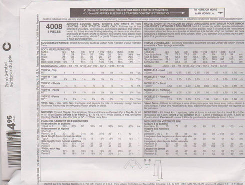 McCall's 4008 Sewing Pattern, Junior's Lounge Tops, Shorts and Pants in Two Lengths, Size JD (11/12-13/14-15/16-17/18)...