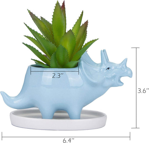 VanEnjoy Desktop Cute Cartoon Blue Triceratops Dinosaur Ceramic Succulent Pot with Tray, Bonsai Cactus Flower Pot Vase Holder Decorative Organizer...