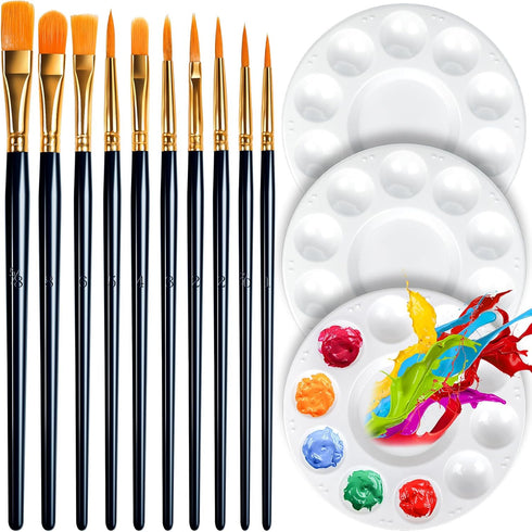FANDAMEI Round Paint Tray Palettes and Paint Brushes Set, Paintbrushes, 3 PCS Plastic Paint Palettes Pallets, 10 PCS Acrylic Paint Brushes, Nylon ...