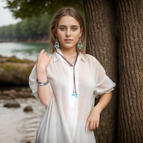 Bohemian Turquoise Jewelry Set for Women, Vintage Turquoise Necklace Earrings Bracelet for Western Boho Party (Vintage)...