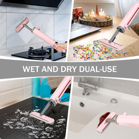 Portable Self-Squeeze Mini Mop, Short Mop Rotatable with Crevice Brush- 2 Reusable Microfiber Pads,Wet and Dry Use,Floor Window Cleaning System fo...