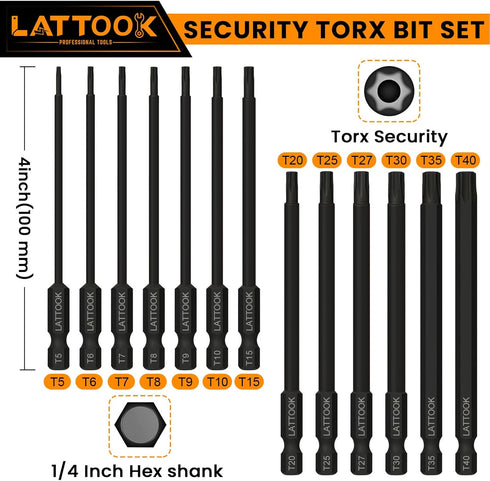 Torx Bit Set, LATTOOK 13-Piece Security Tamper Proof Torx Star Bits Set, Magnetic S2 Steel, 4'' Long, T5 - T40...