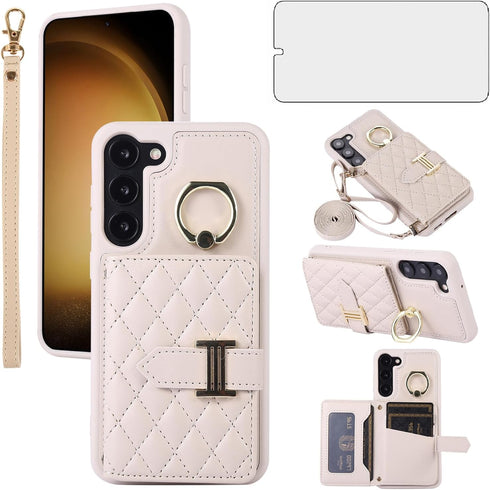 Phone Case for Samsung Galaxy S23 Plus S23+ 5G Wallet Cover with Screen Protector and Ring Stand Card Holder Slot Crossbody Strap Cell S23plus 23S...