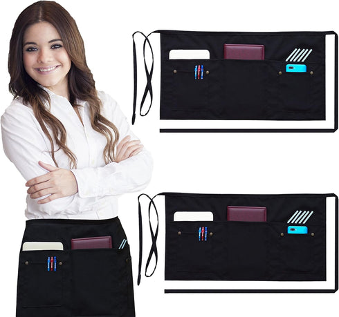 Brtex Server Aprons with 5 Pockets (2 Pack) – Commercial Grade Black Waist Aprons for Women Men – Restaurants Cafes Bars Home & Kitchen Apron 24x1...
