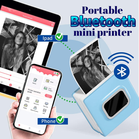 Portable Mini Sticker Printer, M02D Portable Wireless Printer with 1 Roll Paper, Compatible with iOS Android, Pocket Printer for Small Business, B...