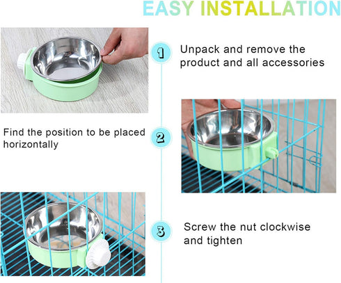 2 Pack Green Crate Dog Bowl, Stainless Steel & Plastic Bowl, Hanging Food & Water Feeder, 5 inch Diameter, 150g Capacity...