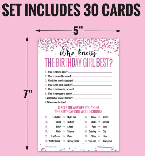 30 Who Knows The Birthday Girl Best Game Cards- for Child or Teen- Fun and Easy Game for Party or Sleepover- Girl Birthday Supplies, Activity, Dec...