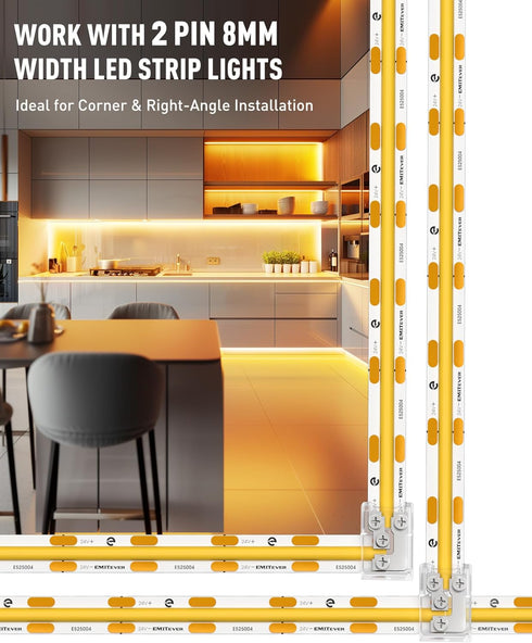 EMITEVER 8mm LED Strip Connectors 12pcs, Led Corner Connector T-Shaped Gapless Connection Solderless Transparent Tape Light Connectors for 2-Pin C...