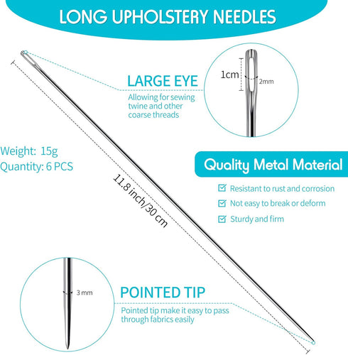 Mudder 6 Pieces 12 Inch Upholstery Needles Long Straight Hand Sewing Needles Large Eye Stitching Needles for Home Upholstery Webbing Carpet Leathe...