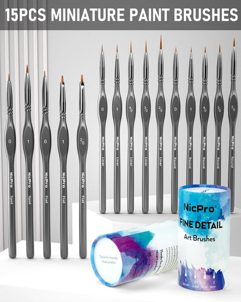 Nicpro Miniature Paint Brushes Set, 15PCS Fine Tip Detail Paint Brush, Artist Micro Thin Detail Brush for Miniature, Modle, Paint by Number, Rocks...
