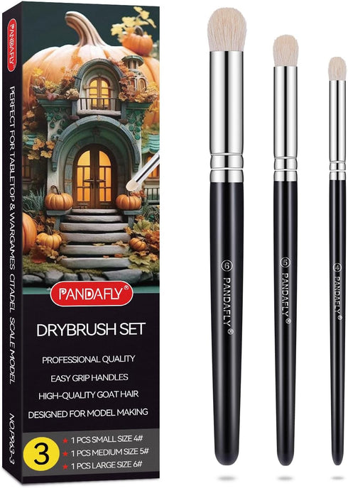 PANDAFLY Drybrush Set - 3 Sizes Hobby Detail Paint Brush Set, Acrylic Paint Brushes for Tabletop & Wargames, 40k, DND Miniatures, Citadel, Scale M...