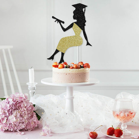 Graduation Cake Topper 2024 Black and Gold Glitter Graduation Girl Cake Topper, 2024 Girl Graduation Decorations, 2024 Graduation Party Cake Decor...