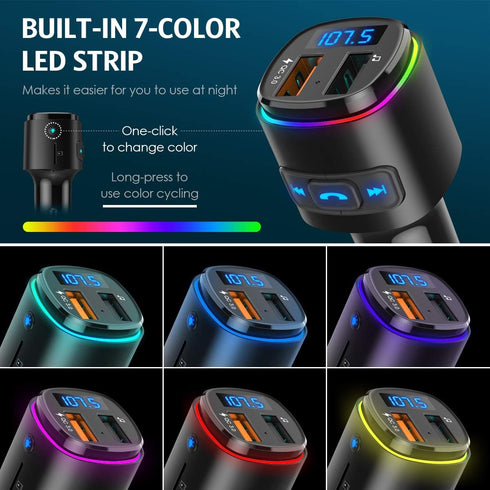 Upgraded Criacr V5.0 Bluetooth FM Transmitter for Car, QC3.0 Charge & 7 RGB Color LED Backlit Wireless FM Radio Car Adapter, Support Siri Google A...