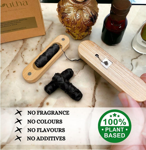 Vegan Biodegradable Bamboo Charcoal Dental Floss with Refillable Bamboo Container | Free Refill | Natural Candelilla Wax | 33yds x3 (30m x3) | Unf...