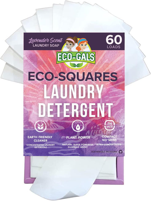 Eco-Squares laundry detergent sheets with zero waste dry soap technology for cleaning linen and clothes in regular and high efficiency top and fro...