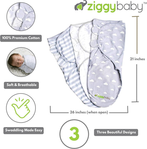 Baby Swaddle Blanket Adjustable for 0-3 Months - Newborn to Infant Baby Swaddle Wrap Set (3 Pack - Gray Cloud, Stripe, Stars) for Baby Boy Girl Ge...