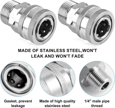 8pcs Pressure Washer Fast Connect, 1/4in Pressure Washer Adapter Set Male & Female Thread Pressure Washer Couplers Fittings Stainless Steel Power ...