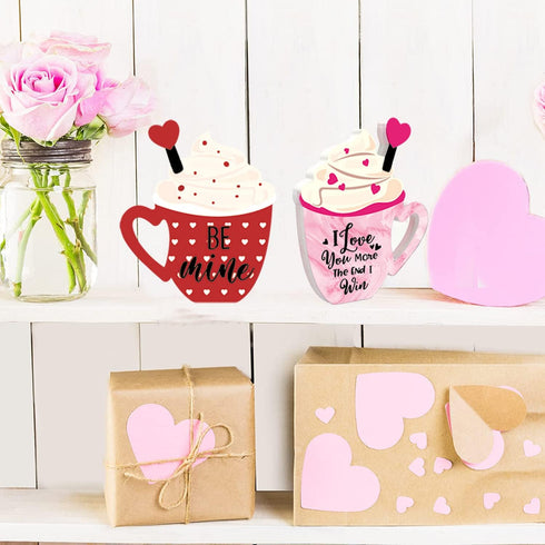 2 Pieces Valentines Day Wooden Coffee Sign Double Side Coffee Cup Table Sign Drinks Tabletop Decoration for Valentines Day Holidays Wed...