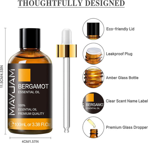 Bergamot Essential Oil, MAYJAM Premium Pure Essential Oils, 3.38FL.OZ Large Volume for Diffusers Soap Candle Making, Ideal for Home Office Car Yog...