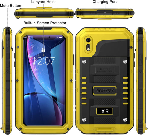 Beasyjoy for iPhone XR Metal Case, Waterproof Heavy Duty Case with Built-in Screen Protector, Full Body Protective Shockproof Tough Rugged Militar...